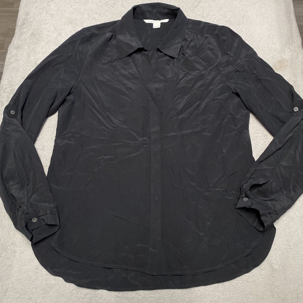 Diane Von Furstenberg Silk Top Womens 12 Black Button Roll Tab Quiet Luxury